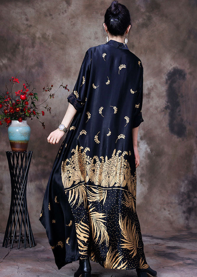 Floral Print Mandarin Collar Long Sleeve Satin Maxi Gown - View 4