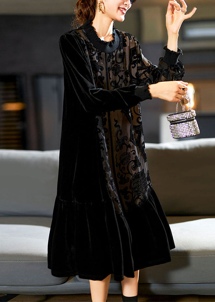 Black O-Neck Embroideried Patchwork Silk Velour Maxi Dress