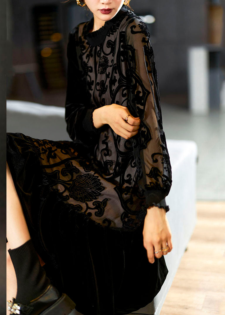 Black O-Neck Embroideried Patchwork Silk Velour Maxi Dress - View 3