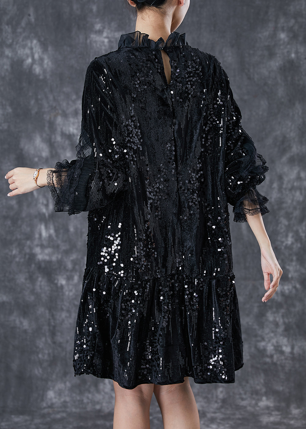 Sequin Velvet Ruffle Neck Tiered Long Sleeve Mini Dress - View 4