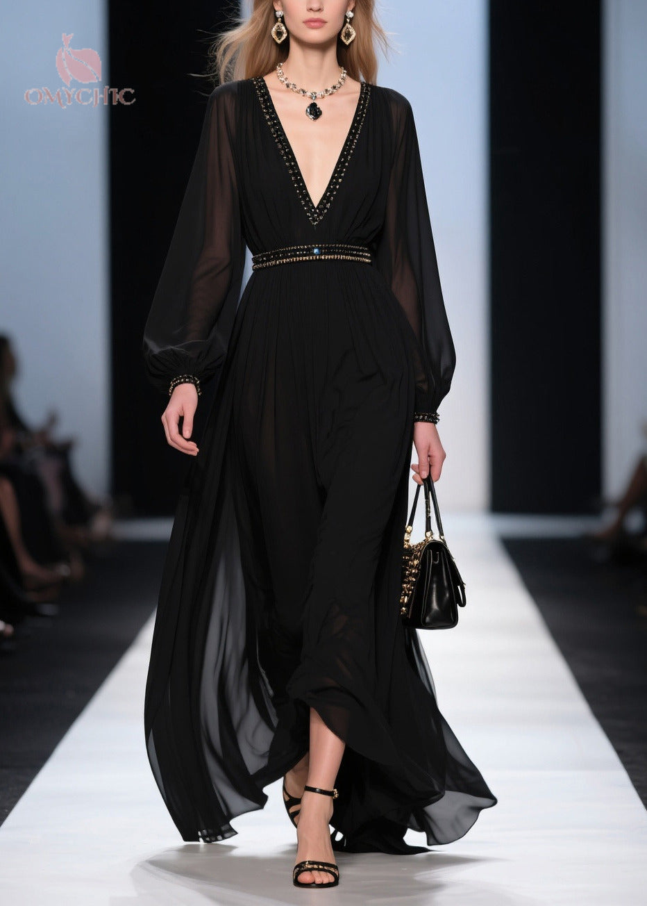 Beaded Trim Deep V-Neck Bishop Sleeve Studded Belt Maxi Gown - View 3