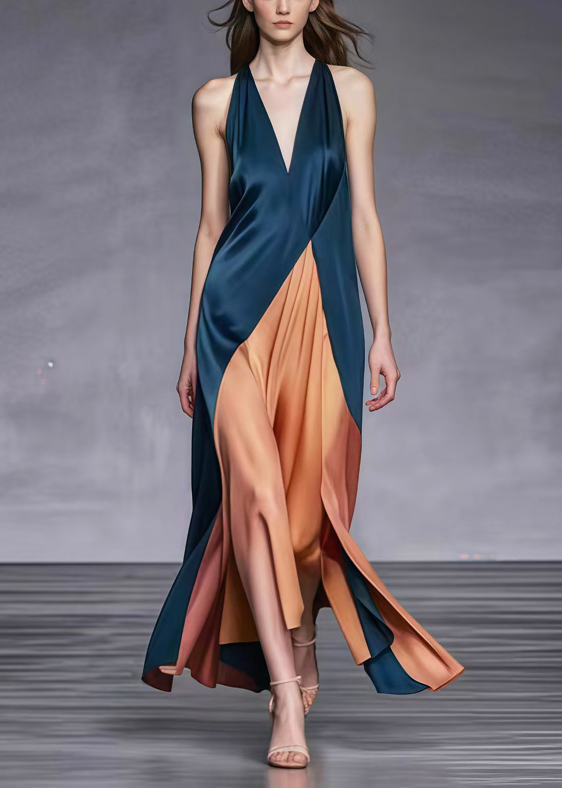 Satin Halter Neck Deep V-Neck Asymmetrical Wrap Maxi Gown - View 2