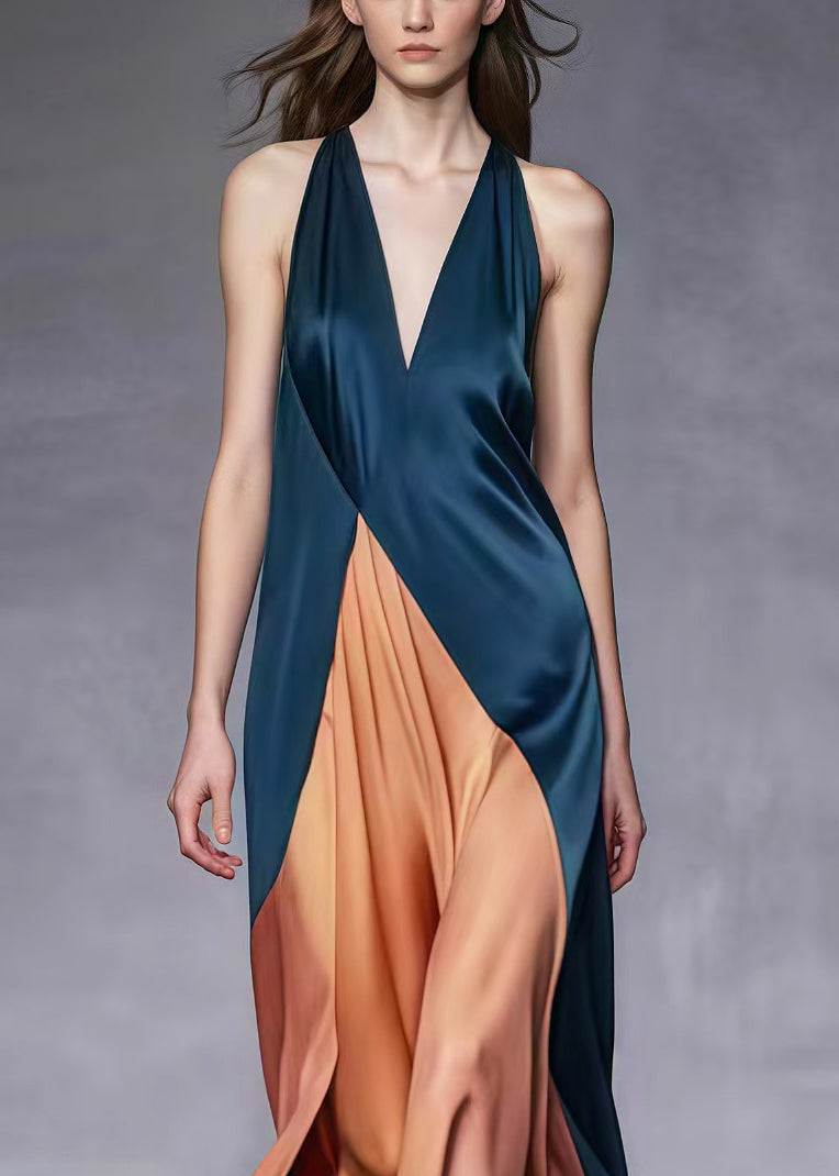 Satin Halter Neck Deep V-Neck Asymmetrical Wrap Maxi Gown - View 3