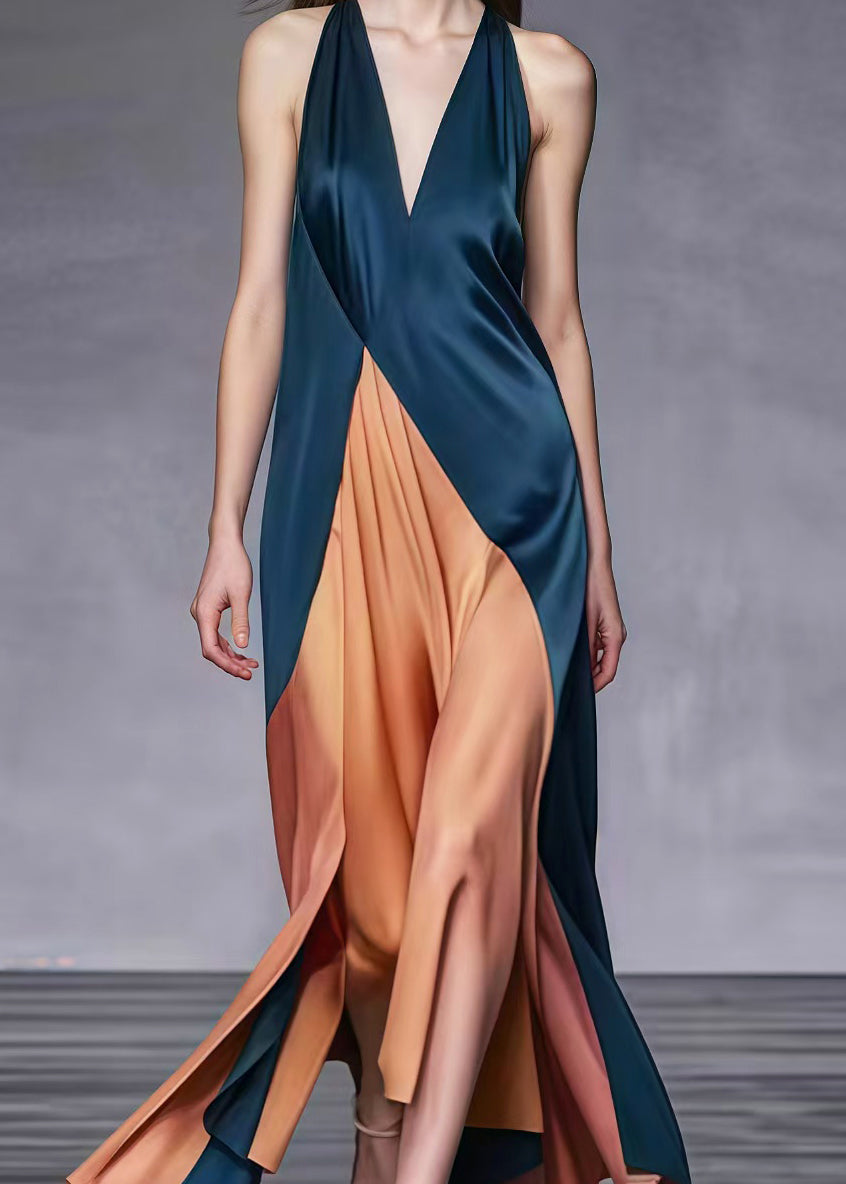 Satin Halter Neck Deep V-Neck Asymmetrical Wrap Maxi Gown - View 4