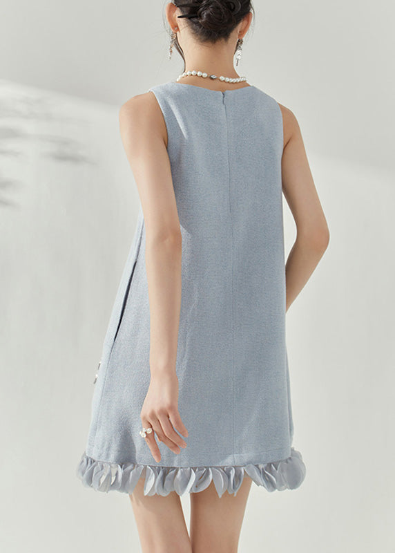 Boucle Tweed Round Neck Sleeveless Beaded Fringe Ruffle Hem Mini Dress - View 5