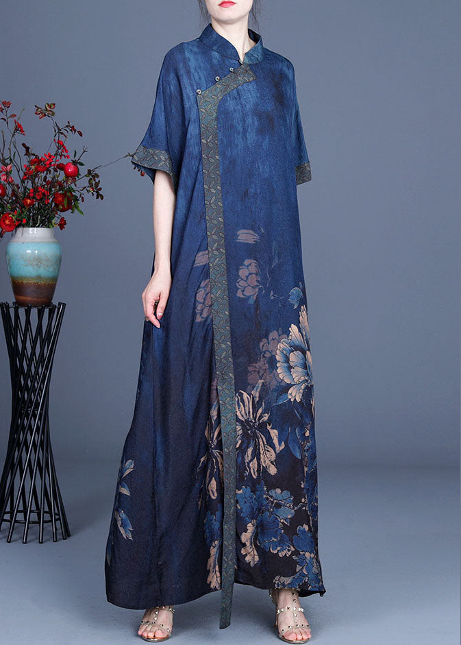 Mandarin Collar Short Sleeve Asymmetrical Floral Print Maxi Dress - View 2