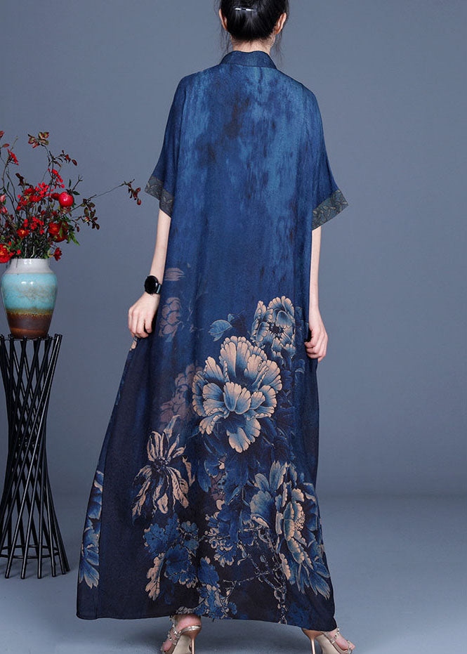 Mandarin Collar Short Sleeve Asymmetrical Floral Print Maxi Dress - View 3