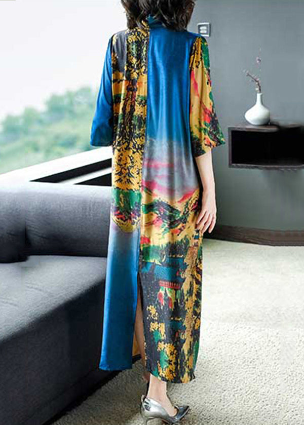 Abstract Landscape Print Satin Wrap V-Neck Maxi Dress - View 3