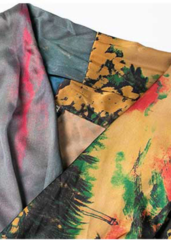 Abstract Landscape Print Satin Wrap V-Neck Maxi Dress - View 4