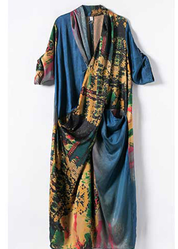 Abstract Landscape Print Satin Wrap V-Neck Maxi Dress - View 5