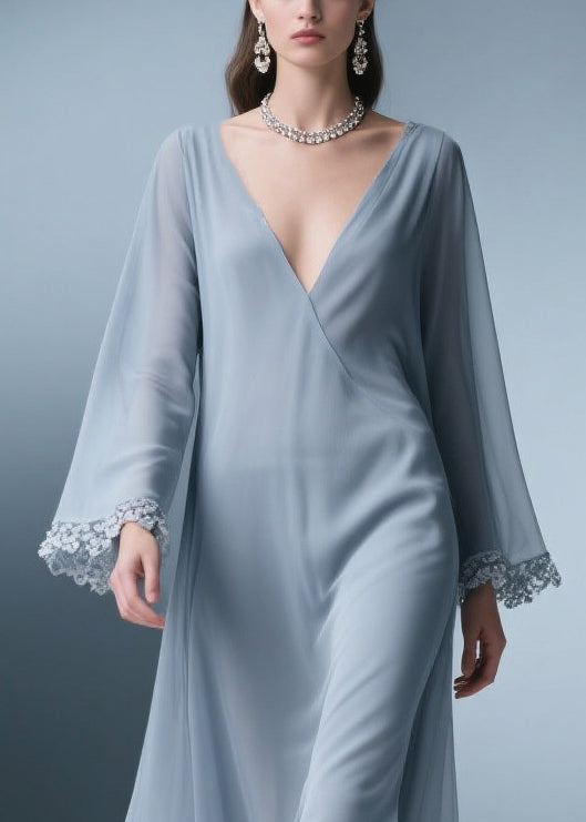 Chiffon Deep V-Neck Bell Sleeve Lace Trim Ruffle Hem Maxi Dress - View 2