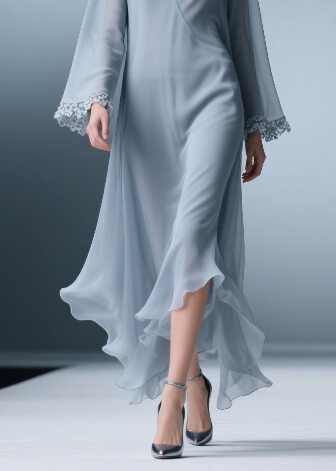Chiffon Deep V-Neck Bell Sleeve Lace Trim Ruffle Hem Maxi Dress - View 4