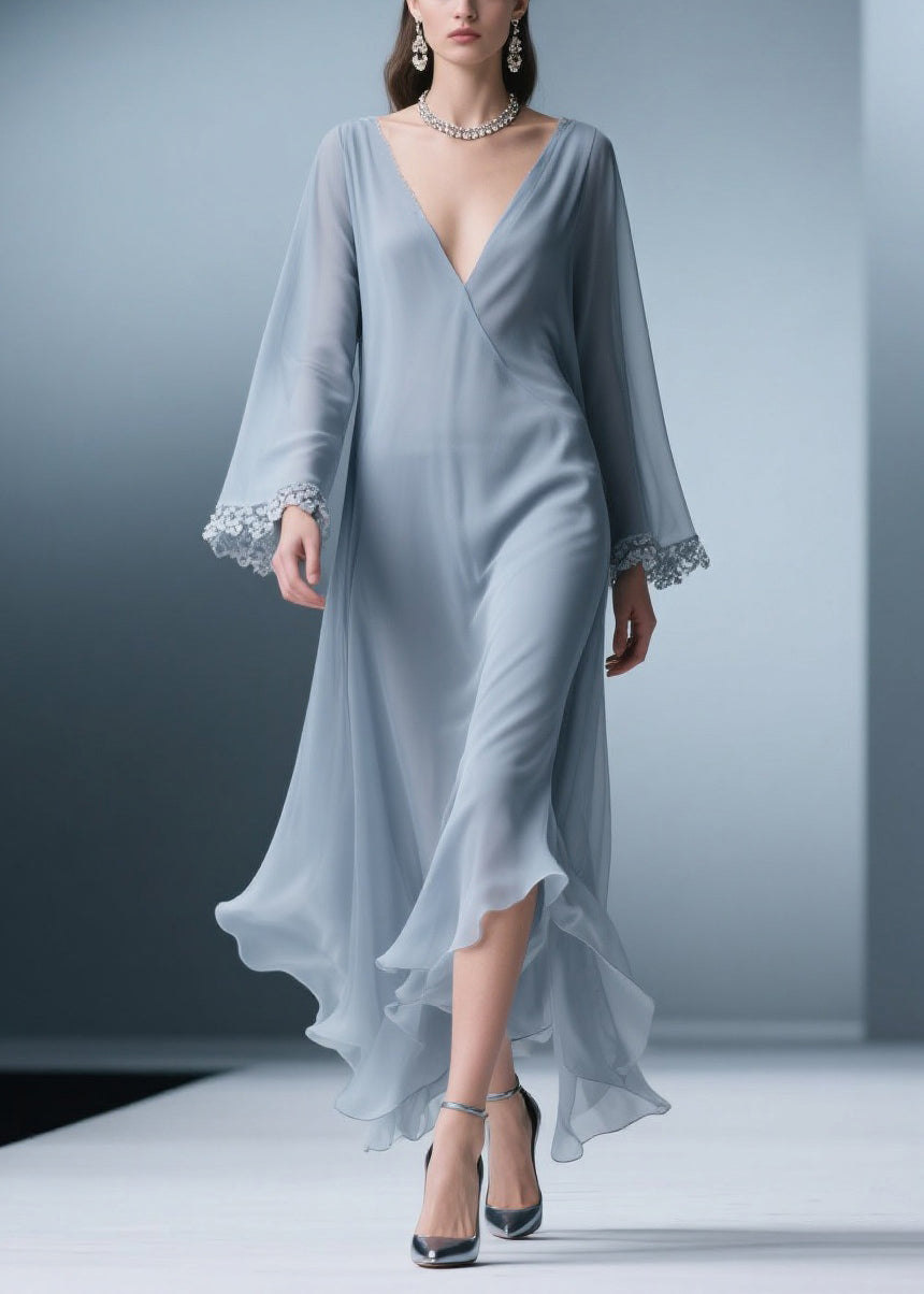 Chiffon Deep V-Neck Bell Sleeve Lace Trim Ruffle Hem Maxi Dress - View 5