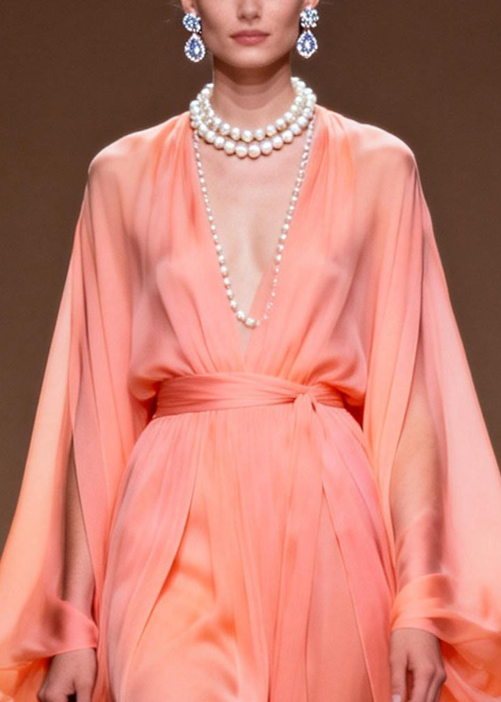 Chiffon Deep V-Neck Cape Sleeve Tie Waist Handkerchief Hem Maxi Gown - View 2