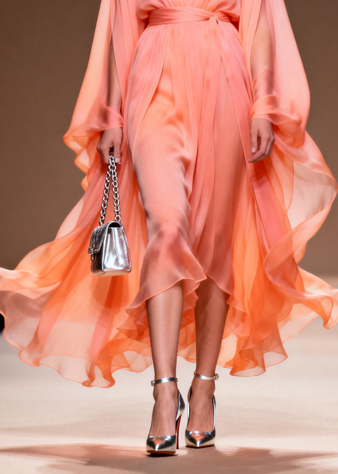 Chiffon Deep V-Neck Cape Sleeve Tie Waist Handkerchief Hem Maxi Gown - View 4