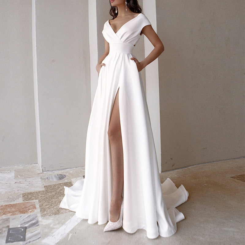 Off Shoulder Deep V-Neck Wrap Bodice Pleated High Split Maxi Gown - View 8