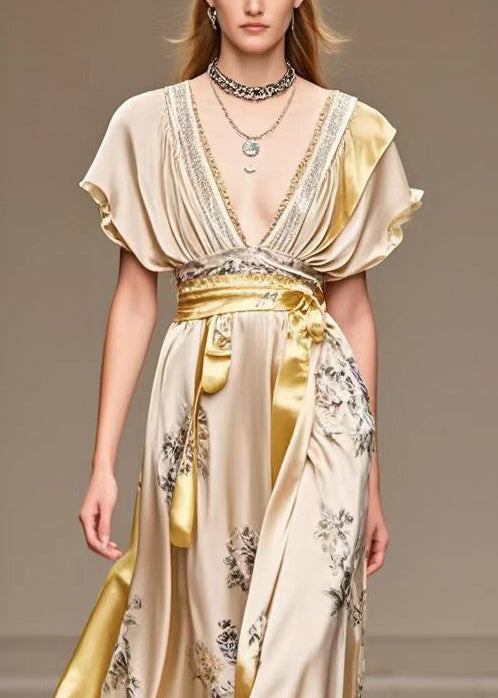 Deep V-Neck Flutter Sleeve Floral Print Sash Belt High Split Maxi Gown - View 2