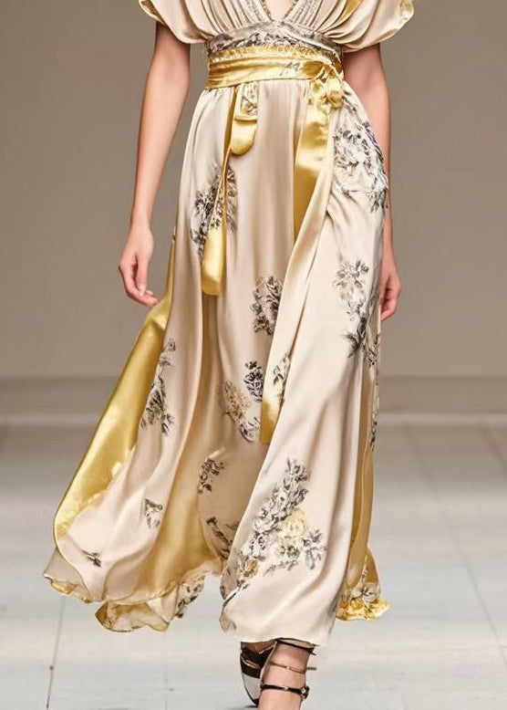 Deep V-Neck Flutter Sleeve Floral Print Sash Belt High Split Maxi Gown - View 4