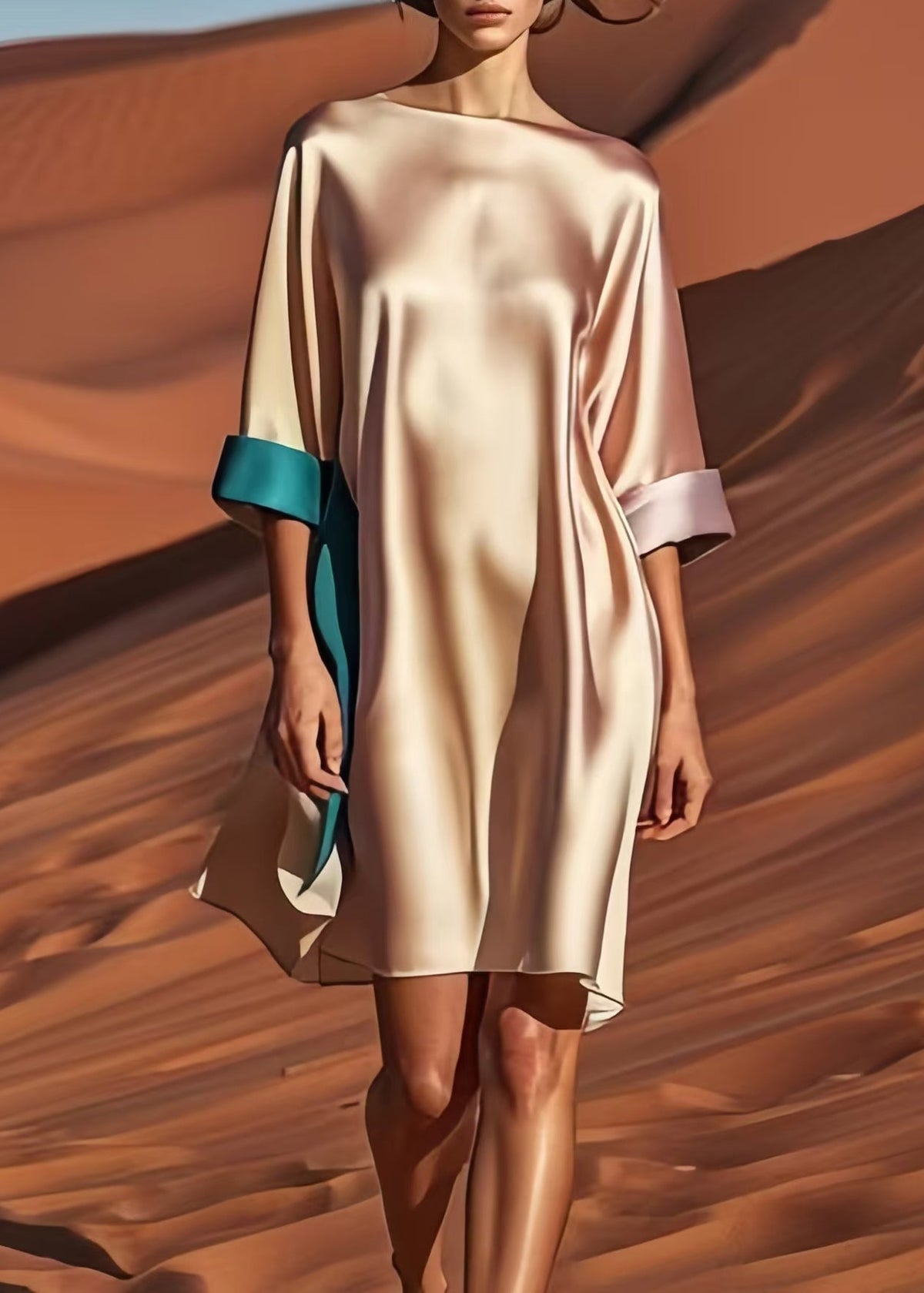 Satin Boat Neck Contrast Cuff Elbow Sleeve Shift Mini Dress - View 2