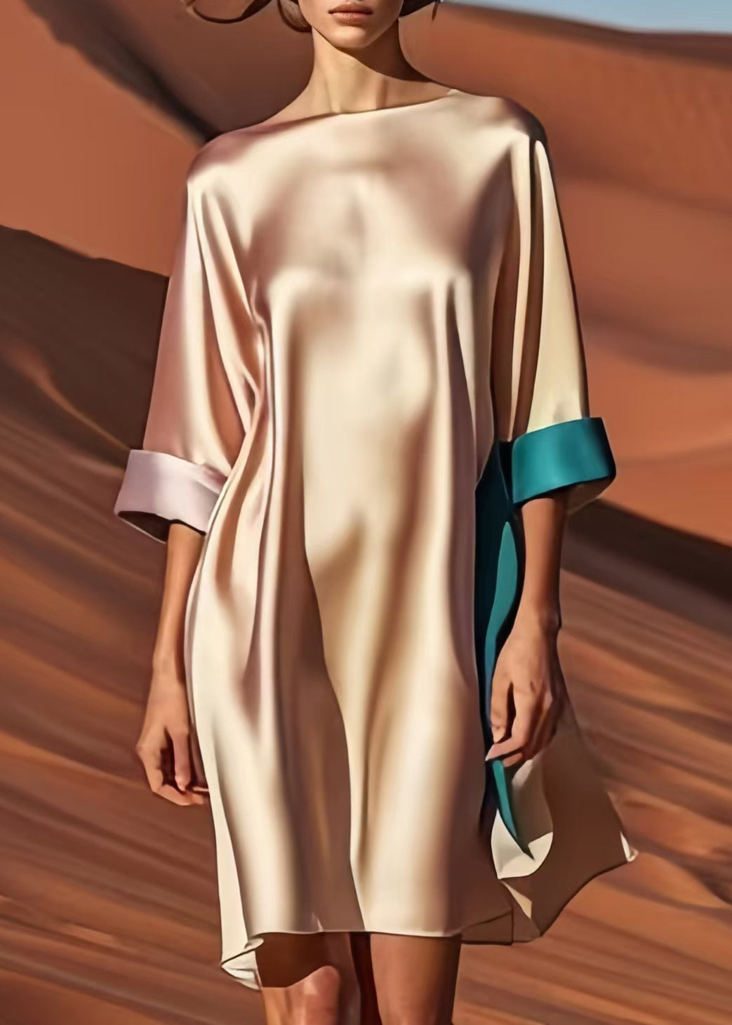 Satin Boat Neck Contrast Cuff Elbow Sleeve Shift Mini Dress - View 4
