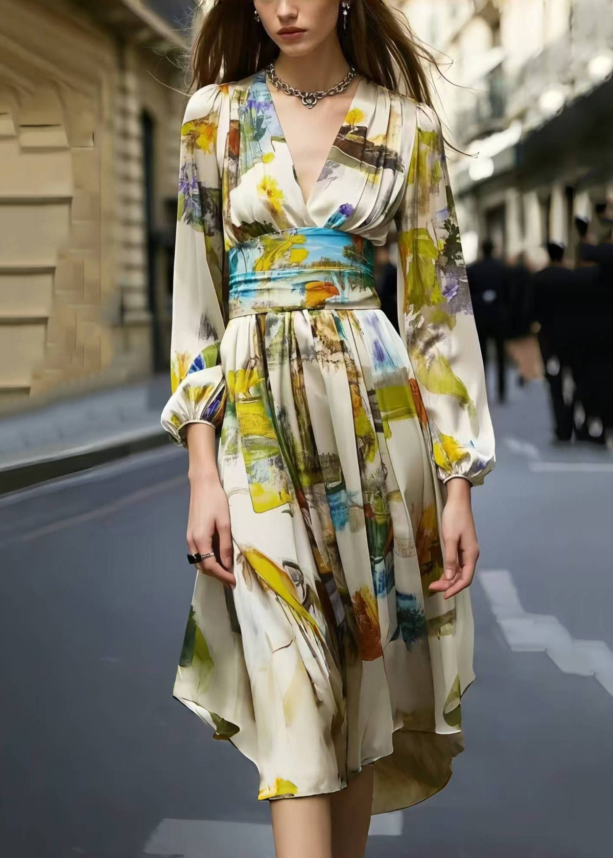 Abstract Print Deep V-Neck Long Sleeve Cinched Waist Midi Dress