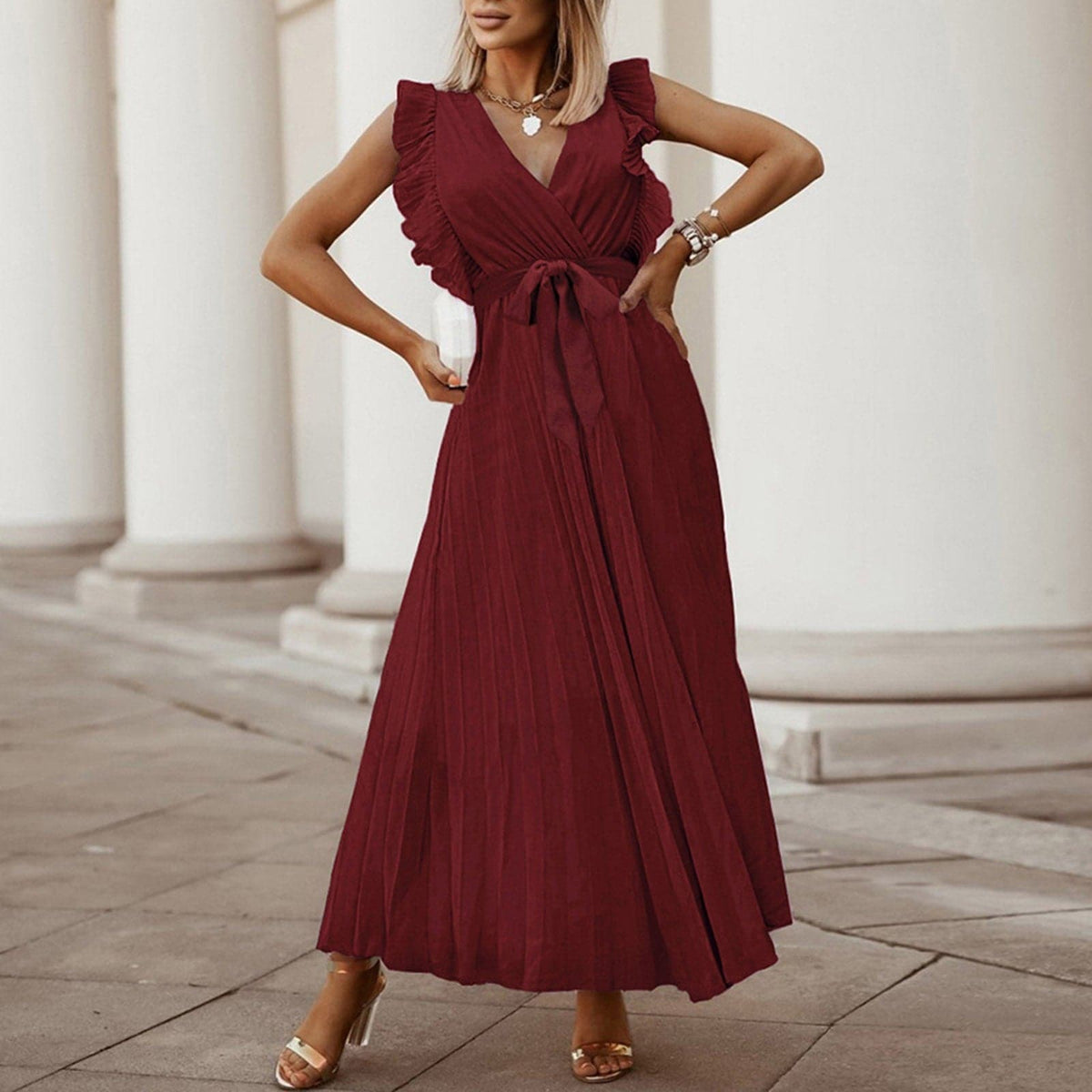 Chiffon Deep V-Neck Ruffle Shoulder Tie Waist Midi Cocktail Dress - View 3