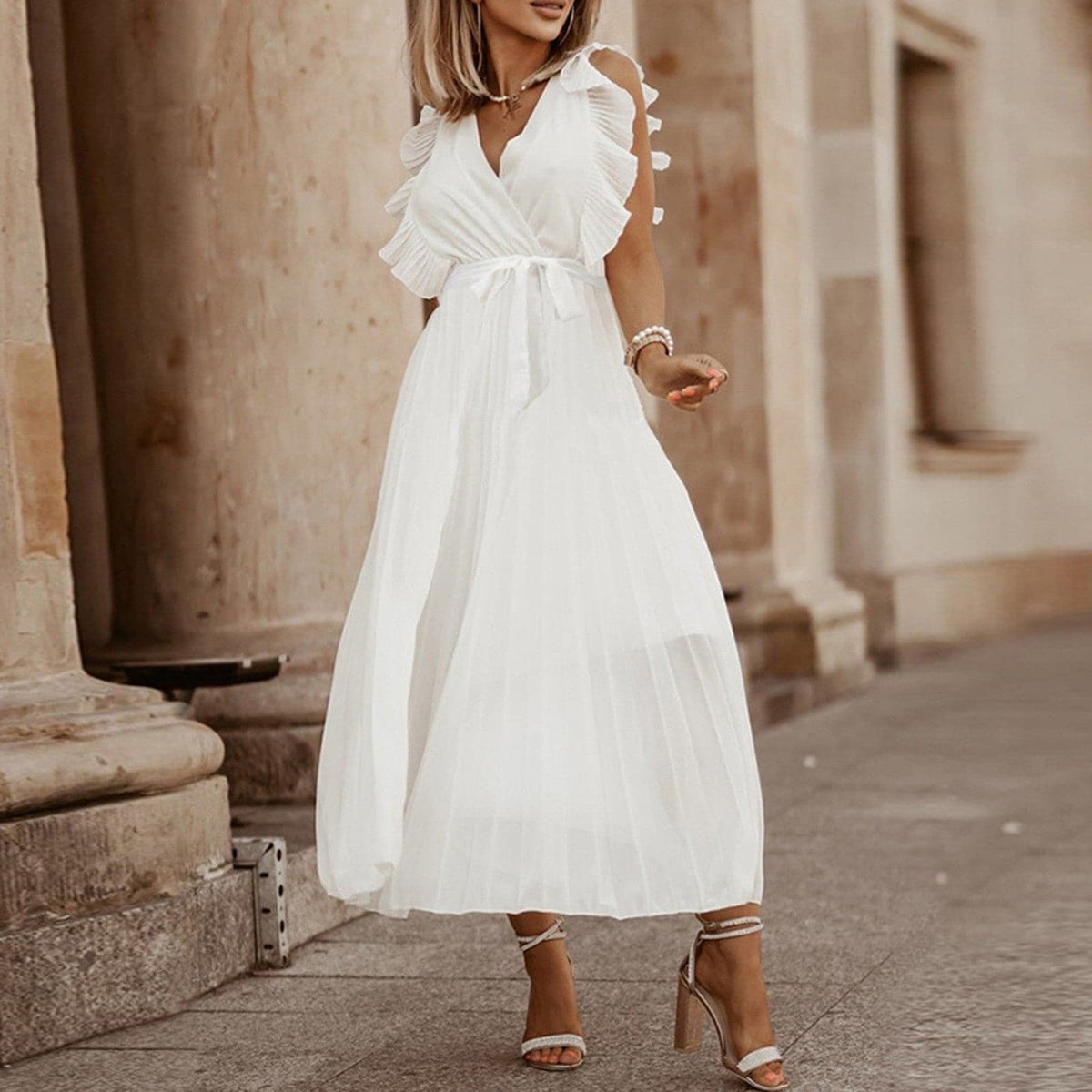 Chiffon Deep V-Neck Ruffle Shoulder Tie Waist Midi Cocktail Dress