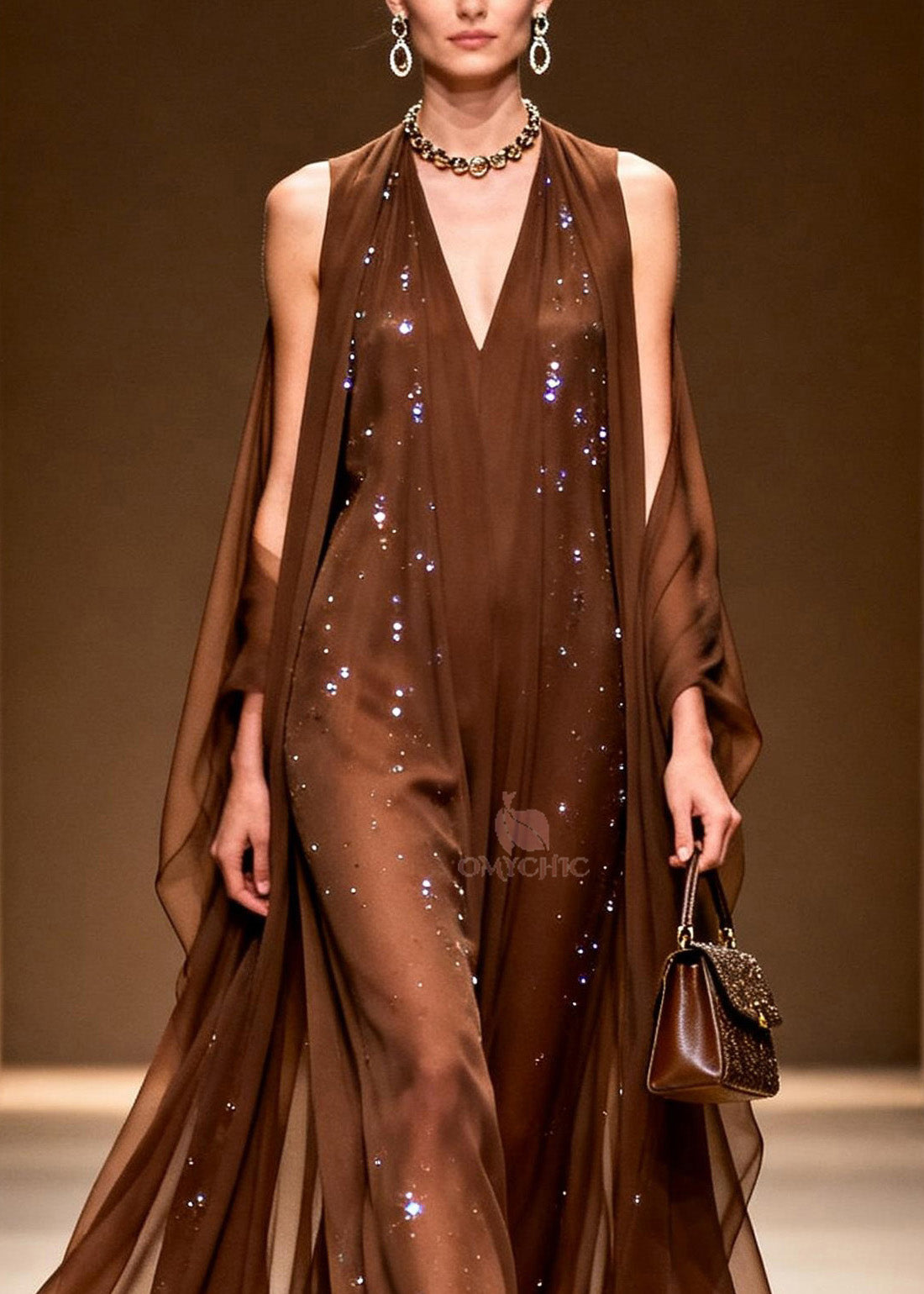 Elegant Coffee Cold Shoulder Zircon Chiffon Maxi Dresses Sleeveless - View 2
