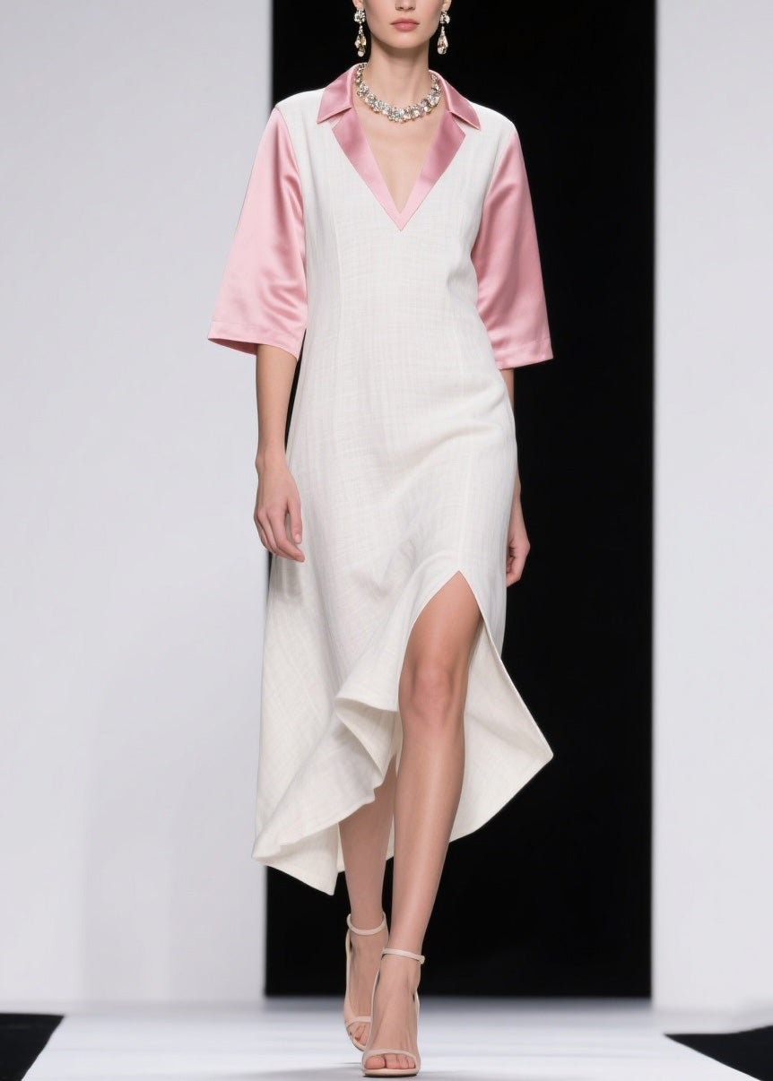 Pointed Collar Deep V-Neck Short Sleeve High Split Midi Dress