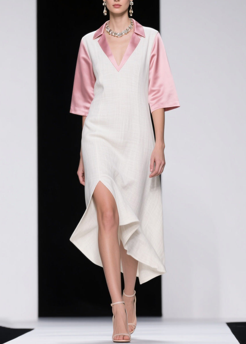 Pointed Collar Deep V-Neck Short Sleeve High Split Midi Dress - View 3