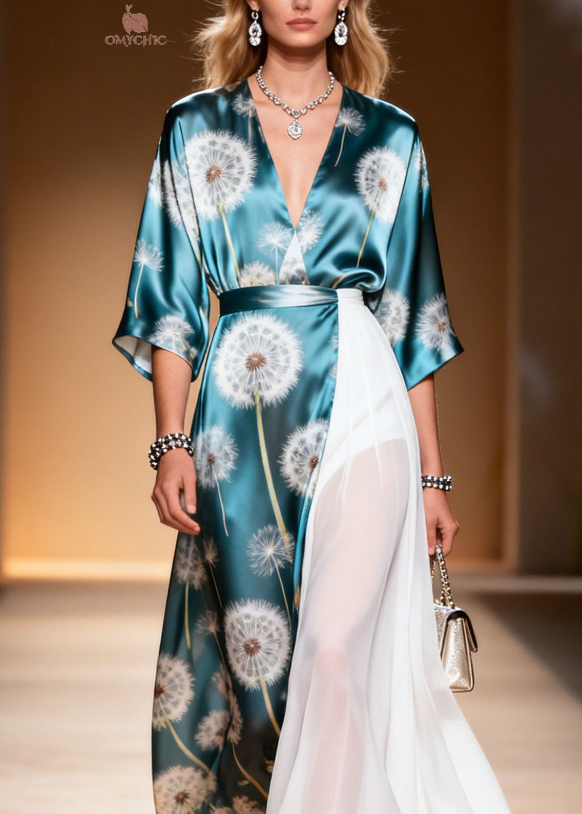 Dandelion Print Wrap Sleeve Deep V-Neck Pleated Maxi Dress - View 2