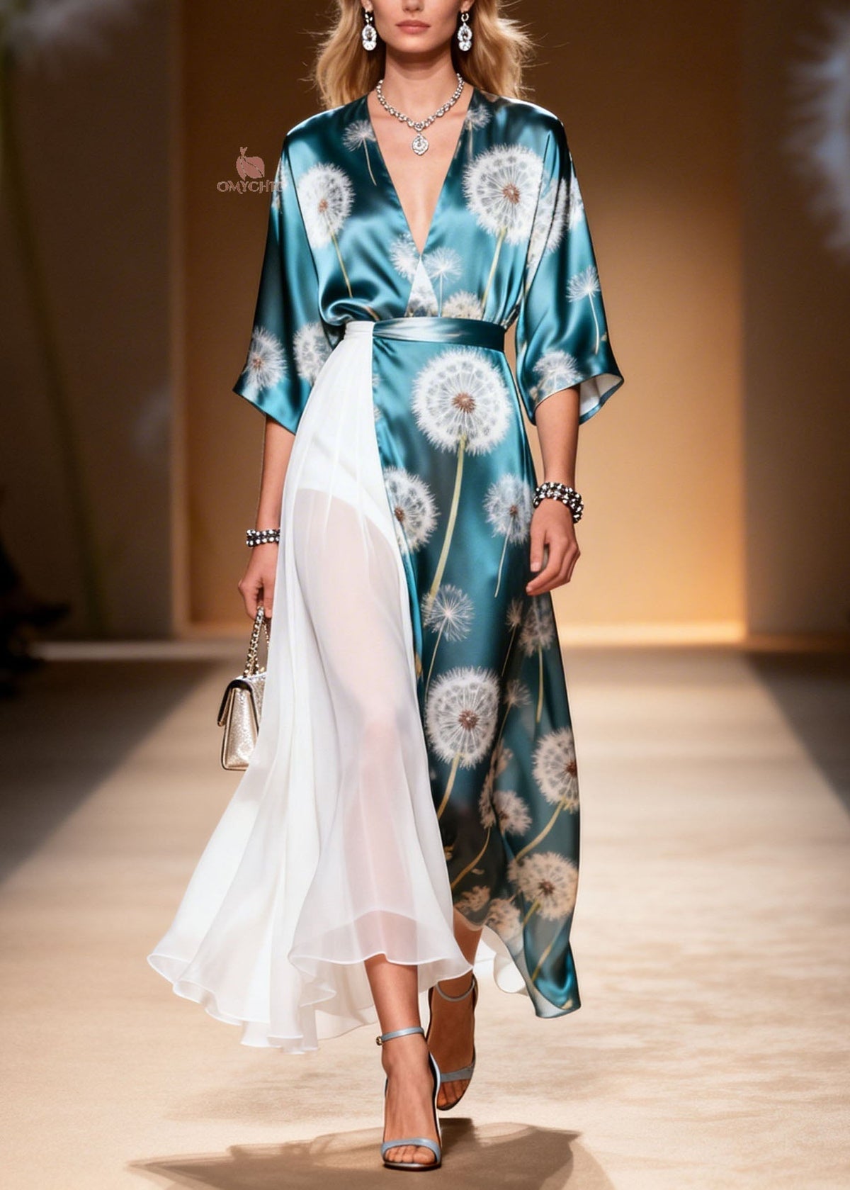 Dandelion Print Wrap Sleeve Deep V-Neck Pleated Maxi Dress - View 3