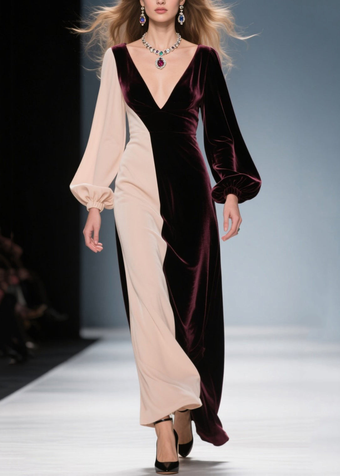 Colorblock Velvet Deep V-Neck Bishop Sleeve Maxi Gown - View 3
