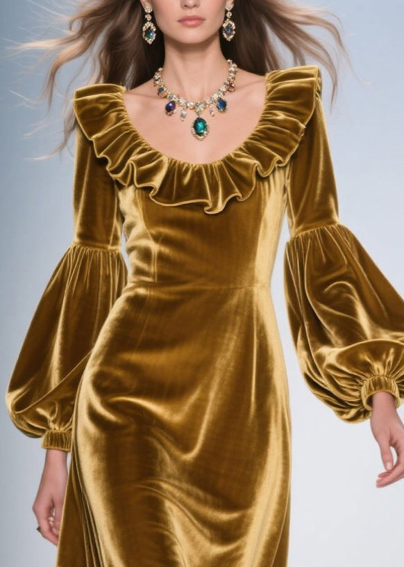 Velvet Ruffle Neck Bishop Sleeve High Low Maxi Gown - View 2