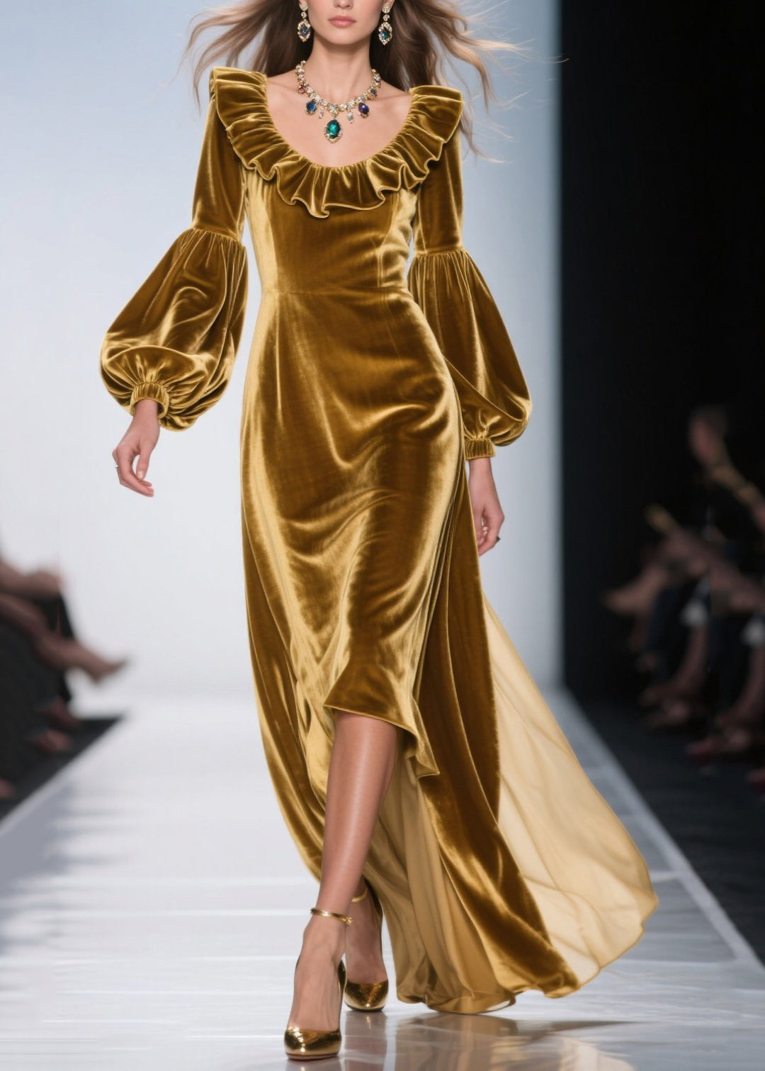 Velvet Ruffle Neck Bishop Sleeve High Low Maxi Gown - View 3
