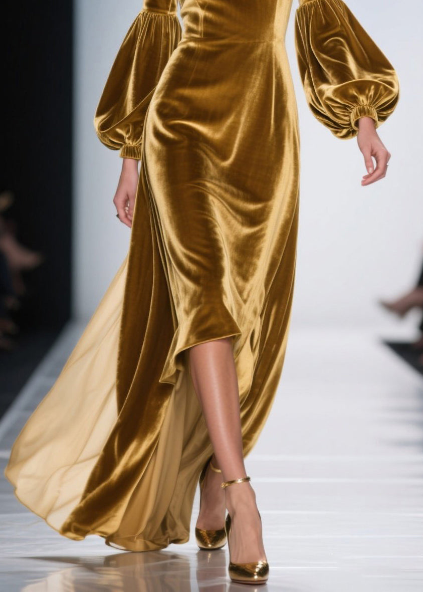 Velvet Ruffle Neck Bishop Sleeve High Low Maxi Gown - View 4