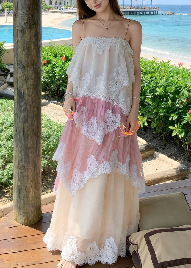 Spaghetti Strap Lace Trim Tiered Boho Chiffon Maxi Dress - View 3