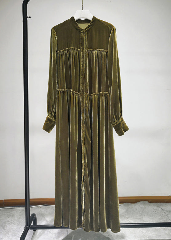 Velvet Mandarin Collar Button Front Tiered Ruffle Maxi Dress - View 3