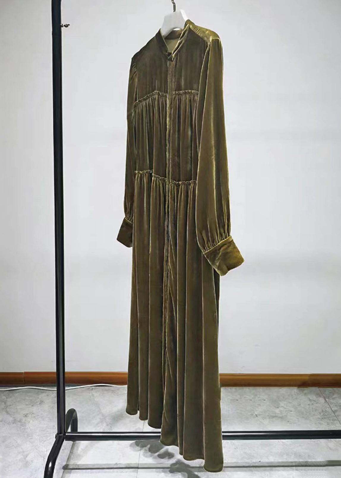 Velvet Mandarin Collar Button Front Tiered Ruffle Maxi Dress - View 4