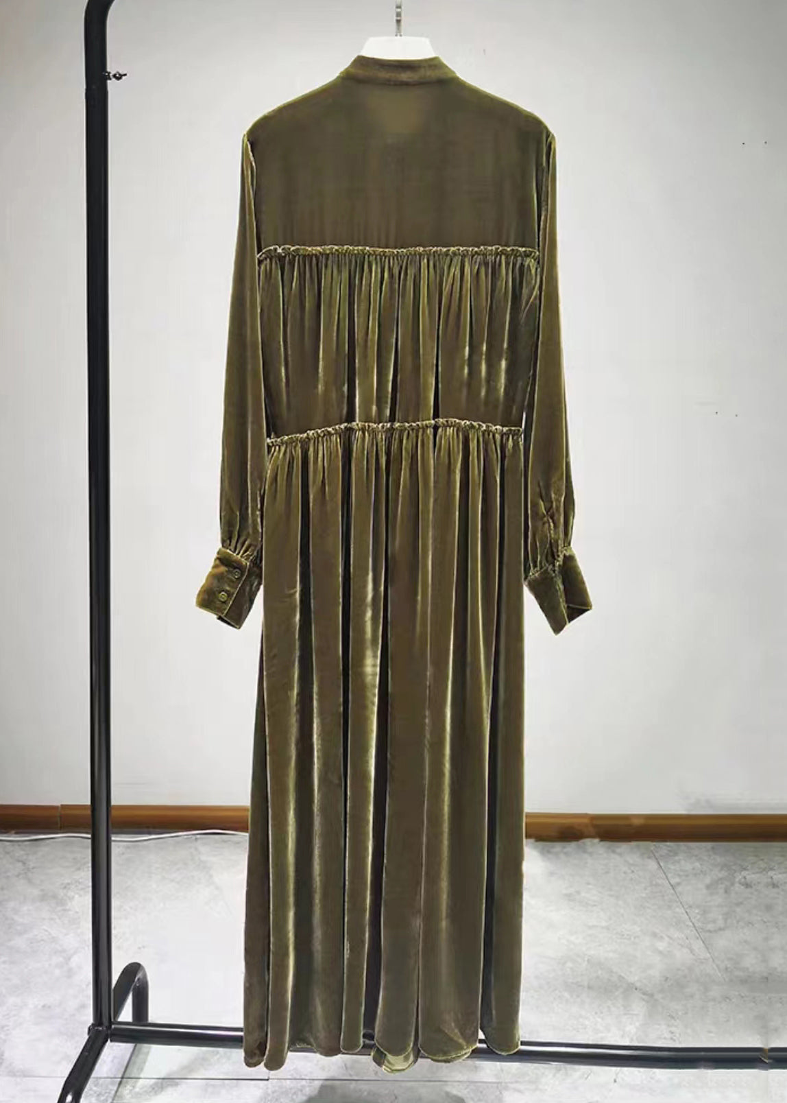 Velvet Mandarin Collar Button Front Tiered Ruffle Maxi Dress - View 5
