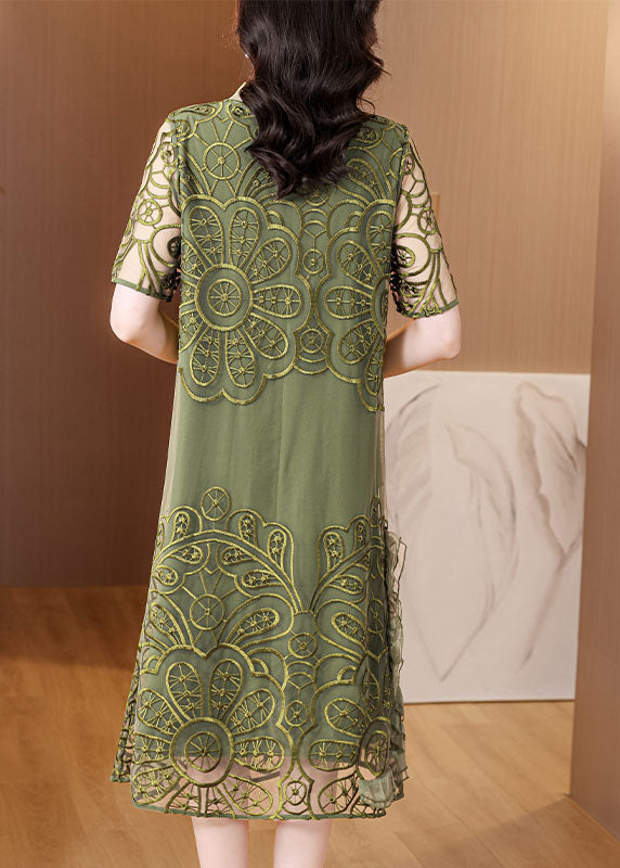 Elegant Green Embroideried Ruffled Tulle Long Dresses Short Sleeve - View 5