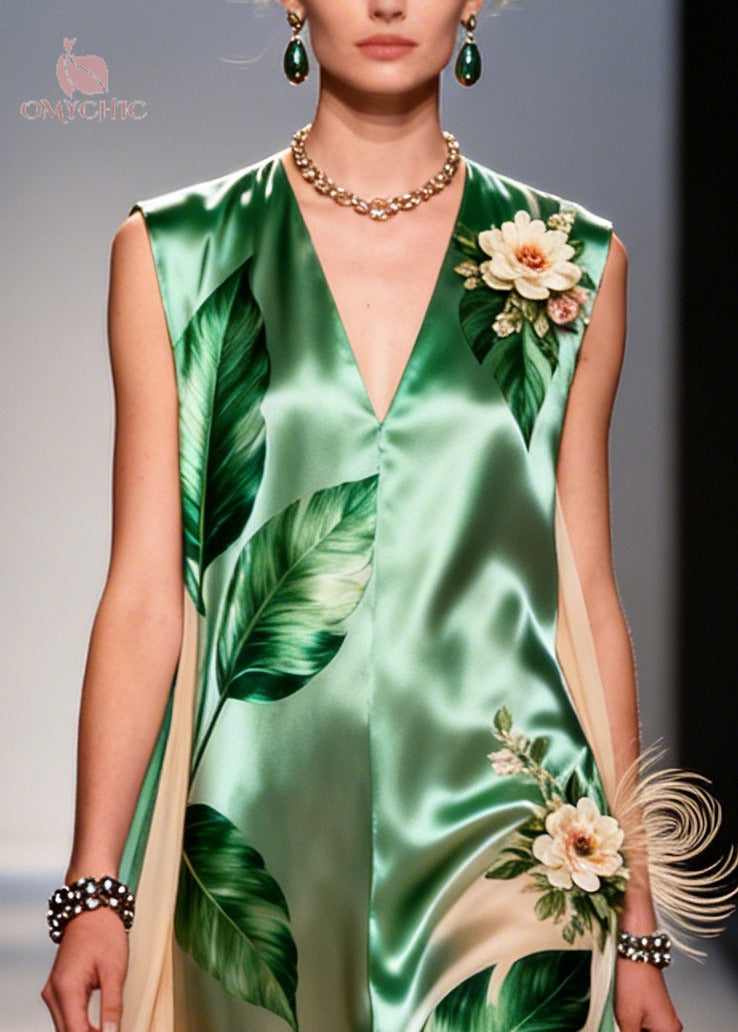 Tropical Print V-Neck Sleeveless Floral Applique Maxi Gown - View 2