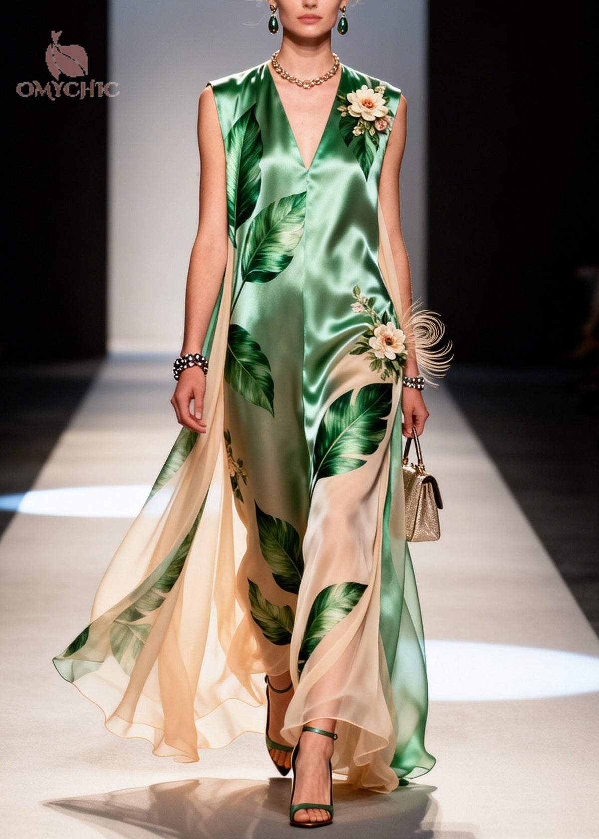 Tropical Print V-Neck Sleeveless Floral Applique Maxi Gown - View 5