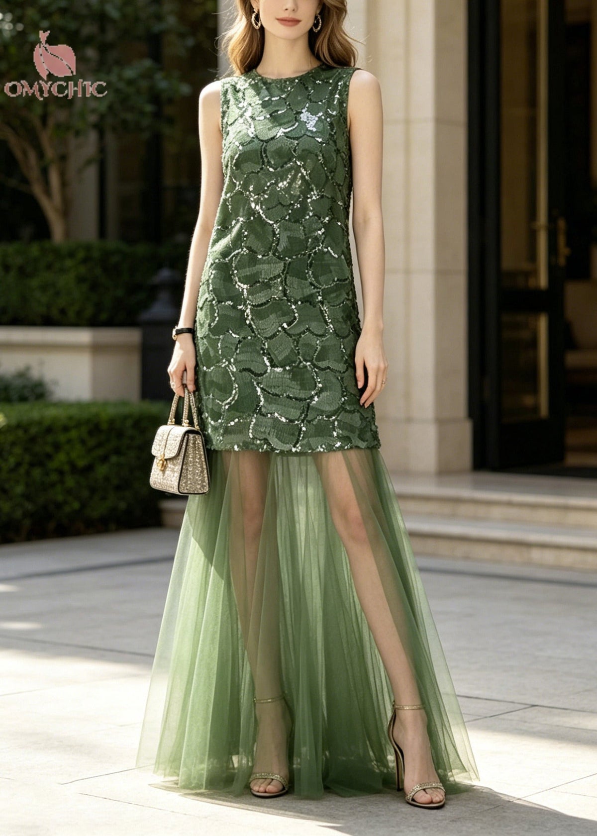 Elegant Green Sequins Patchwork Tulle Maxi Dress Sleeveless - View 3