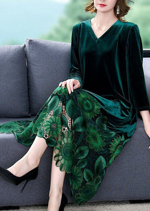 Velvet V-Neck Lace Panel Hem Long Sleeve Midi Dress - View 2