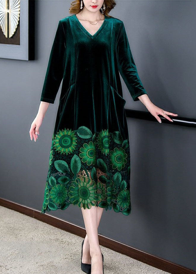 Velvet V-Neck Lace Panel Hem Long Sleeve Midi Dress - View 3