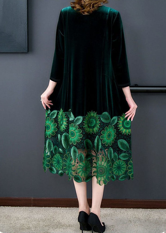 Velvet V-Neck Lace Panel Hem Long Sleeve Midi Dress - View 4
