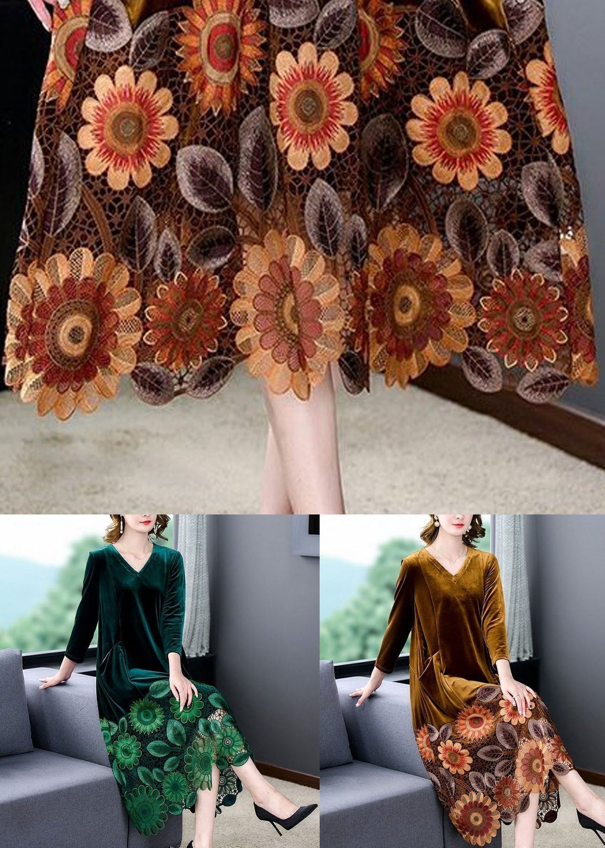 Velvet V-Neck Lace Panel Hem Long Sleeve Midi Dress - View 5