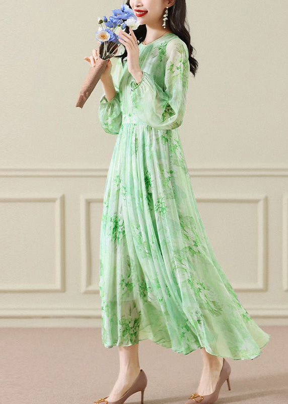 Elegant Green Wrinkled Print Chiffon Maxi Dress Long Sleeve - View 4