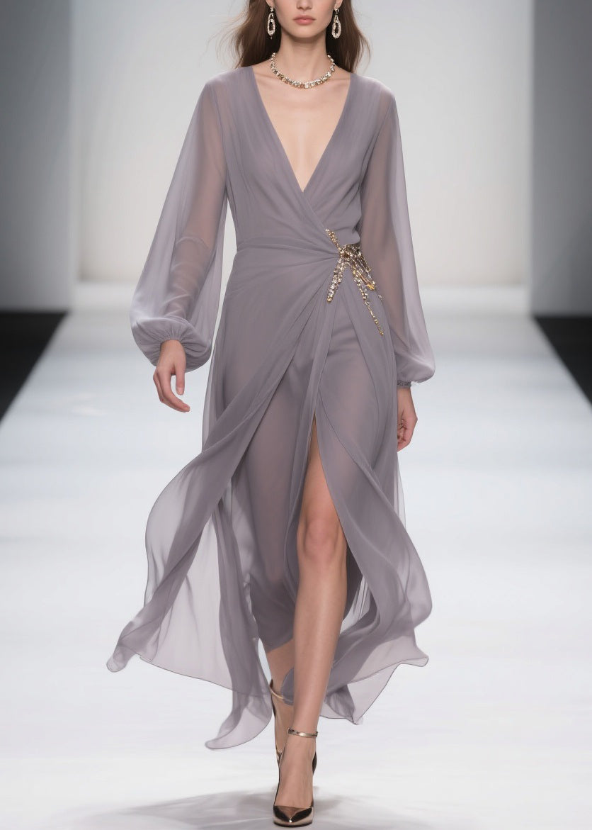 Chiffon Wrap Deep V-Neck Bishop Sleeve Brooch Waist Maxi Gown
